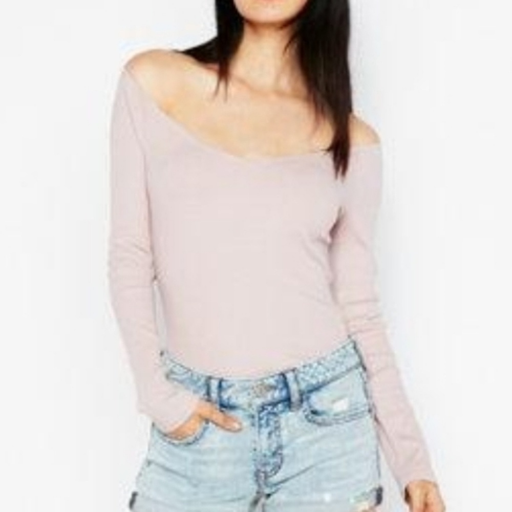 Express Ribbed off The Shoulder Top Pink Large